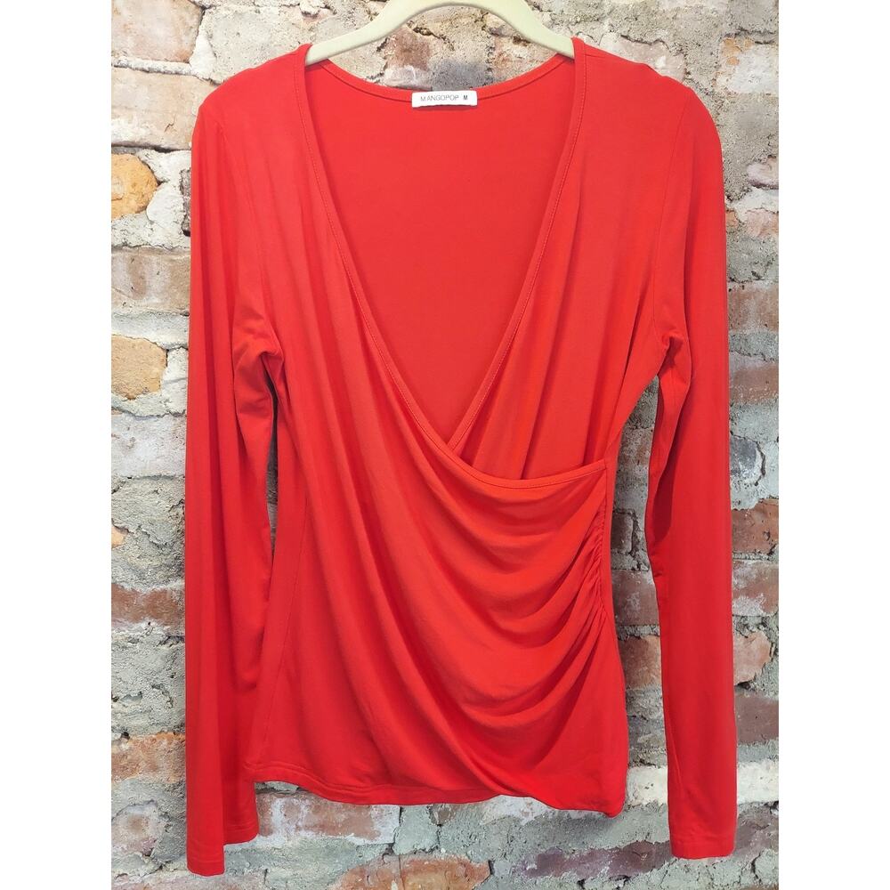 MANGOPOP Womens Faux Wrap Top M Red Long Sleeve Deep V Neck Ruched